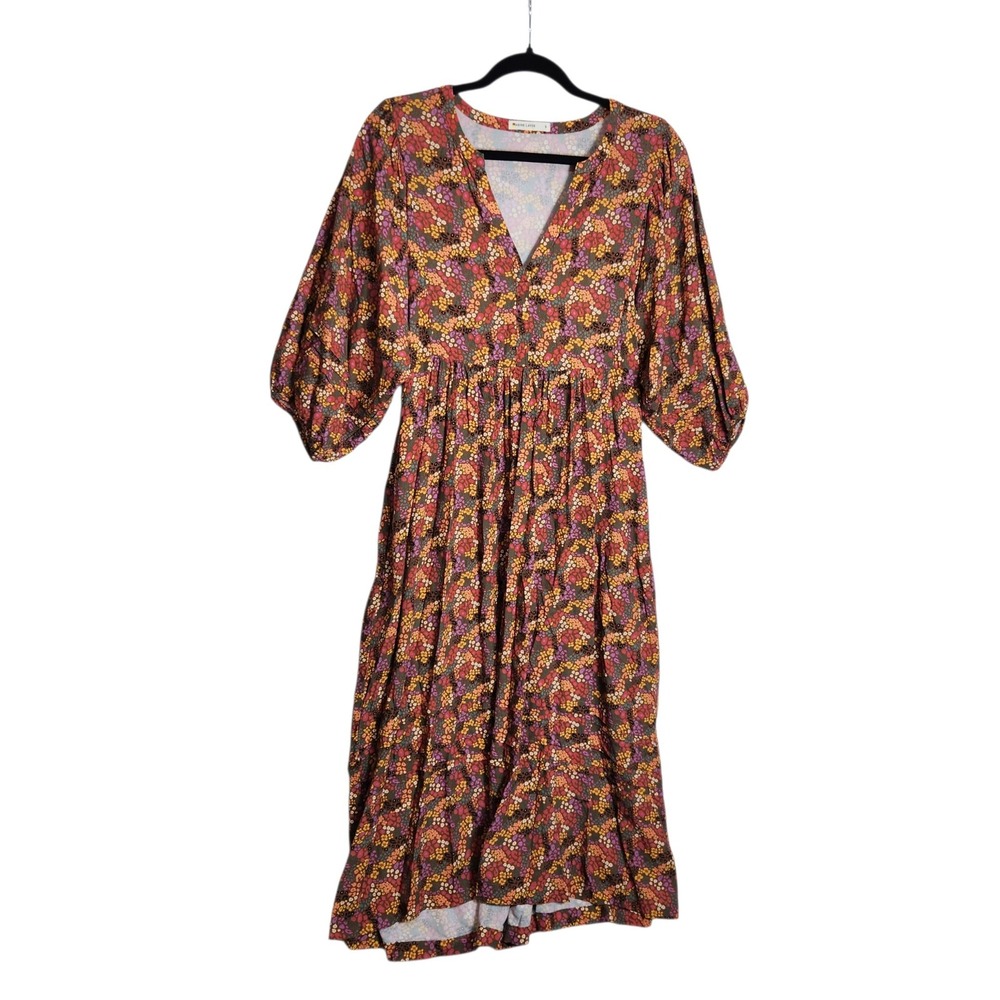 Marine Layer Floral V-Neck Puff Sleeve Midi Dress Orange Purple Small
